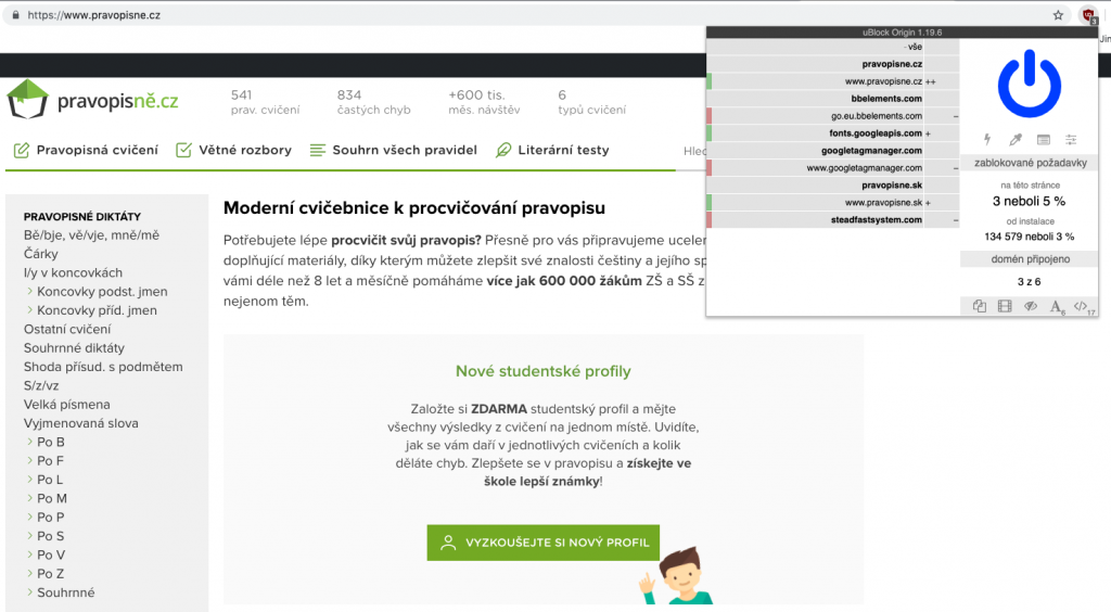 Jak vypnout blokátor reklamy na Pravopisně.cz - uBlock Origin